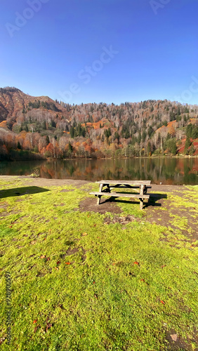 Karagöl, Borçka, Artvin, Turkey - 14 October 2021. Autumn view from Karagöl in Borçka district of Artvin province. Borcka Karagol Nature Park. The forest scene reflected in the still lake.