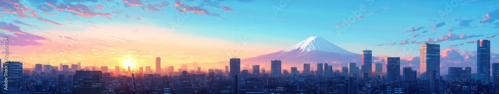Fototapeta premium Future Envisioned: anime-style Futuristic Cityscape with Mount Fuji in the Background, Embracing the Anime Aesthetic of Technology and Innovation,Anime-Style,illustration,Picture BooksFor Poster,Novel