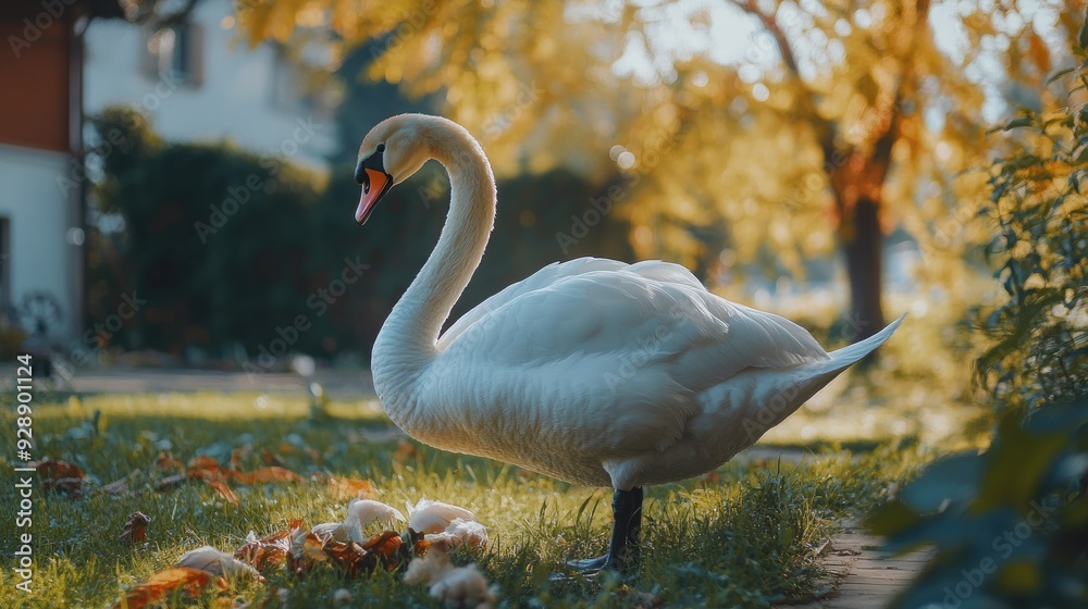 Fototapeta premium A large white swan looks for food in the yard