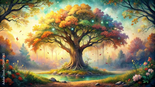 Delicate watercolor illustration of a majestic oak tree standing tall amidst a whimsical forest, surrounded by lush greenery and vibrant autumnal hues.