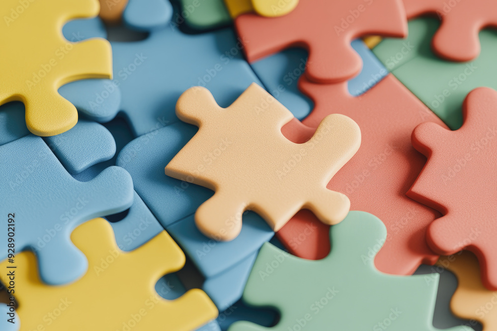 Colorful puzzle pieces scattered, vibrant hues of yellow, blue, green, pink, orange blend together on a textured surface, inviting creativity and engagement. Colorful puzzle pieces scattered, vibrant hues of yellow, blue, green, pink, orange blend together on a textured surface, inviting creativity and engagement.