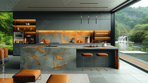 Modern kitchen with an island, featuring a gray and orange marble countertop with golden veins, illuminated by warm lighting. The kitchen is surrounded by modern furniture and large windows overlookin