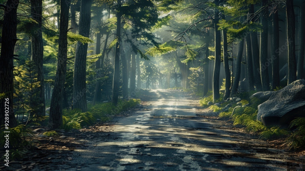 Obraz premium A winding dirt road amidst dense forest foliage