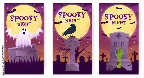 Halloween party stories template. Spooky night vertical poster, banner set with tombstone, ghost, raven, zombie hand.