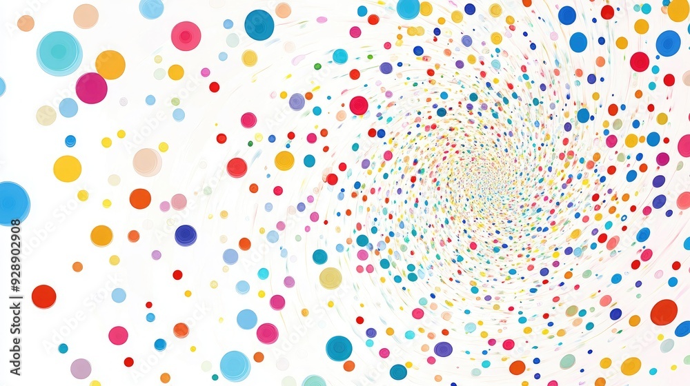 Swirling web of multicolored polka dots on a clean white background, creating a lively and abstract pattern Swirling web of multicolored polka dots on a clean white background, creating a lively and abstract pattern