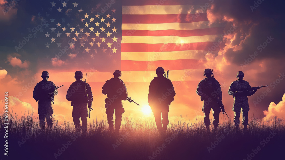 Silhouettes of soldiers set against the backdrop of the USA flag with a sunset or sunrise. Represents a concept for national holidays or a Commemoration Day. Silhouettes of soldiers set against the backdrop of the USA flag with a sunset or sunrise. Represents a concept for national holidays or a Commemoration Day.