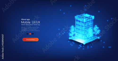 Futuristic smart building with glowing digital effects, symbolizing advanced architecture and urban technology. Abstract vector illustration showcasing modern cityscape innovation.