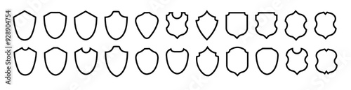 Shield frame set. Collection shield signs. Empty outline icons. Vector