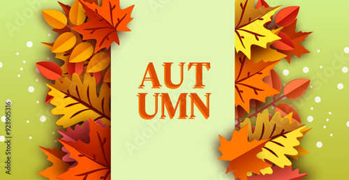 Colorful autumn leaves frame a vertical banner with "Autumn" text. Vector Illustration.