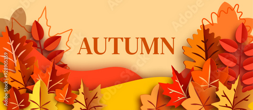 Vibrant autumn leaves in paper cut style on a warm background. Vector Illustration.