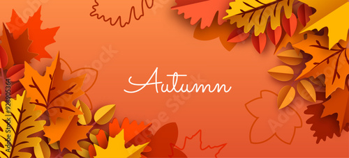 Vibrant autumn leaves in paper cut style on a warm orange background. Vector Illustration.