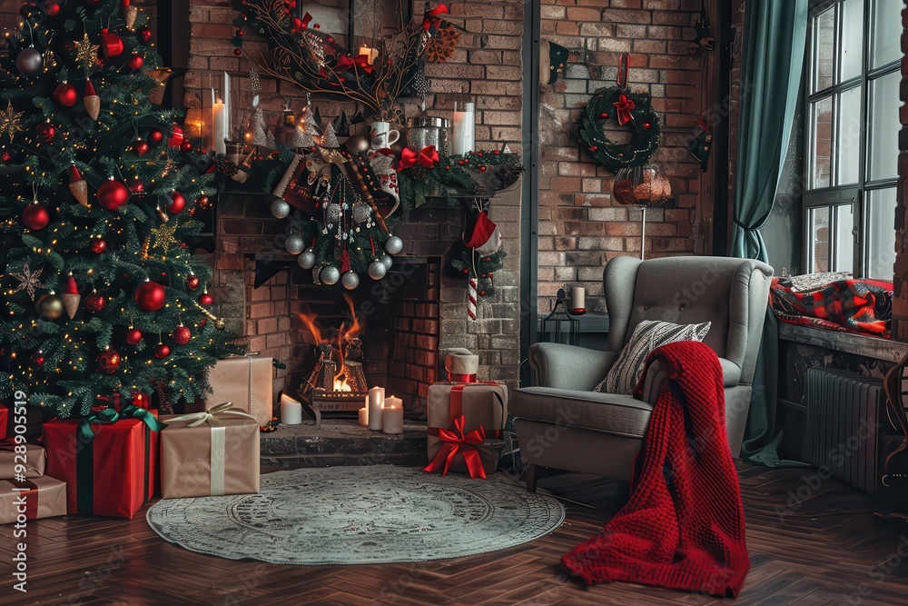 Fototapeta premium Christmas Room: Festive Decor with Fireplace, Tree, and Gifts in Cozy Living Space