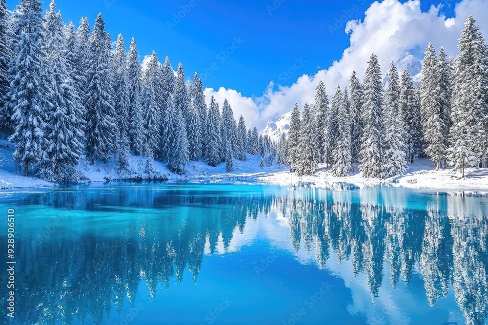 Fototapeta premium A serene winter landscape featuring a tranquil blue lake surrounded by snow-covered trees and bright blue skies.