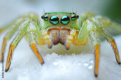 macro photograph of a vibrant green crab spider diaea dorsata perched on a white petal intricate details of its exoskeleton and eyes are in sharp focus against a crisp white background photo