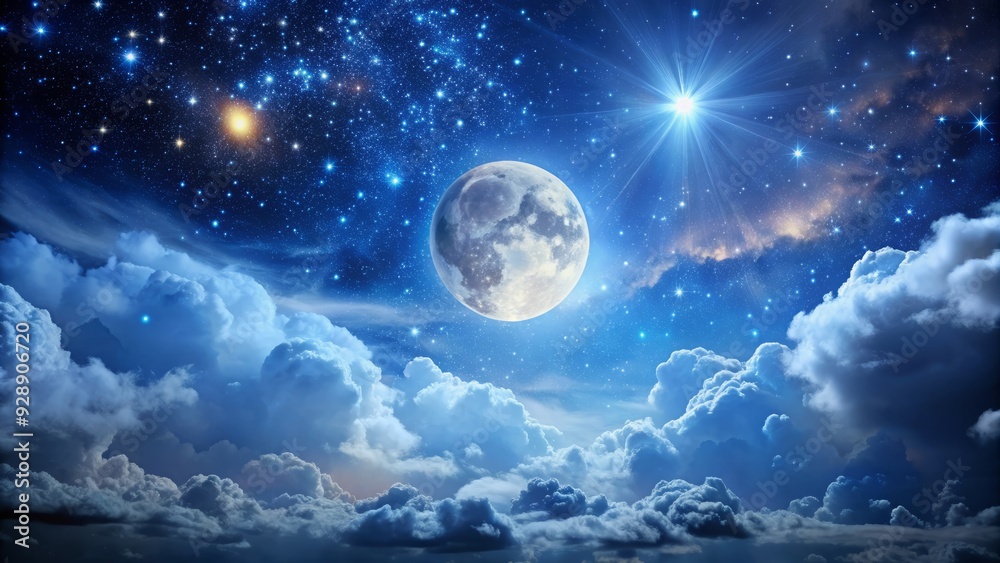 Dramatic night sky with full moon casting a silver glow amidst a canvas of twinkling stars and majestic, swirling clouds set against a deep blue backdrop. Dramatic night sky with full moon casting a silver glow amidst a canvas of twinkling stars and majestic, swirling clouds set against a deep blue backdrop.
