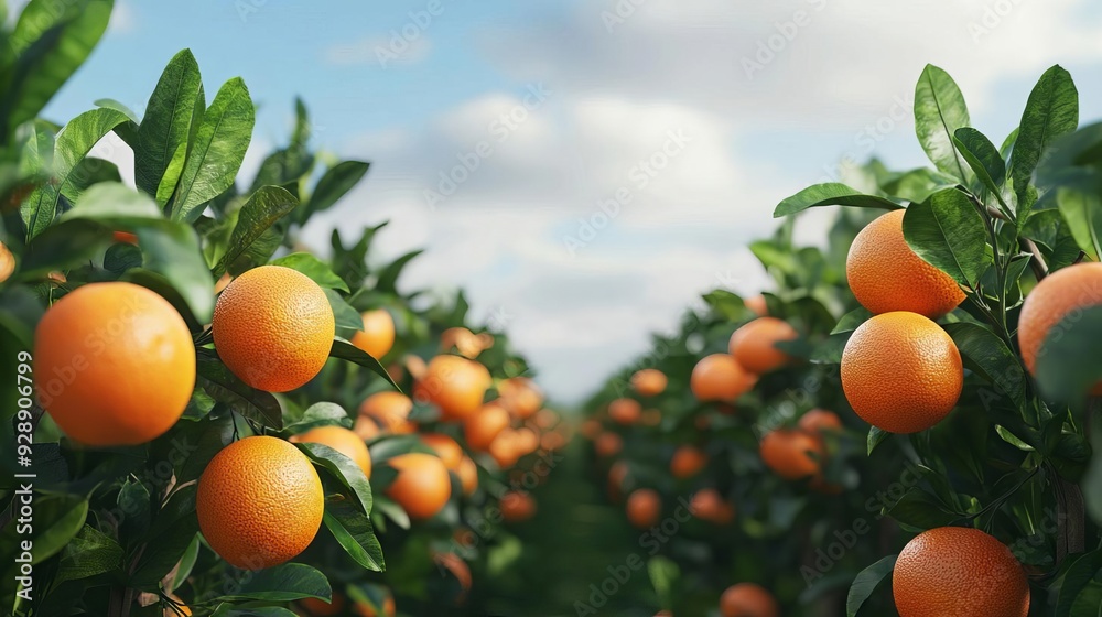 Ripe oranges on trees in a sunny orchard with blue sky
Ripe oranges on trees in a sunny orchard with blue sky