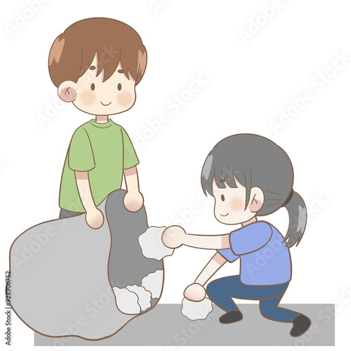 cartoon boy and girl putting trash in a bin