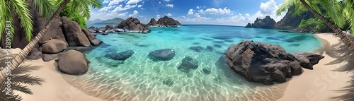 Tropical Beach Scene with Palm Trees and Clear Blue Water - Realistic Image