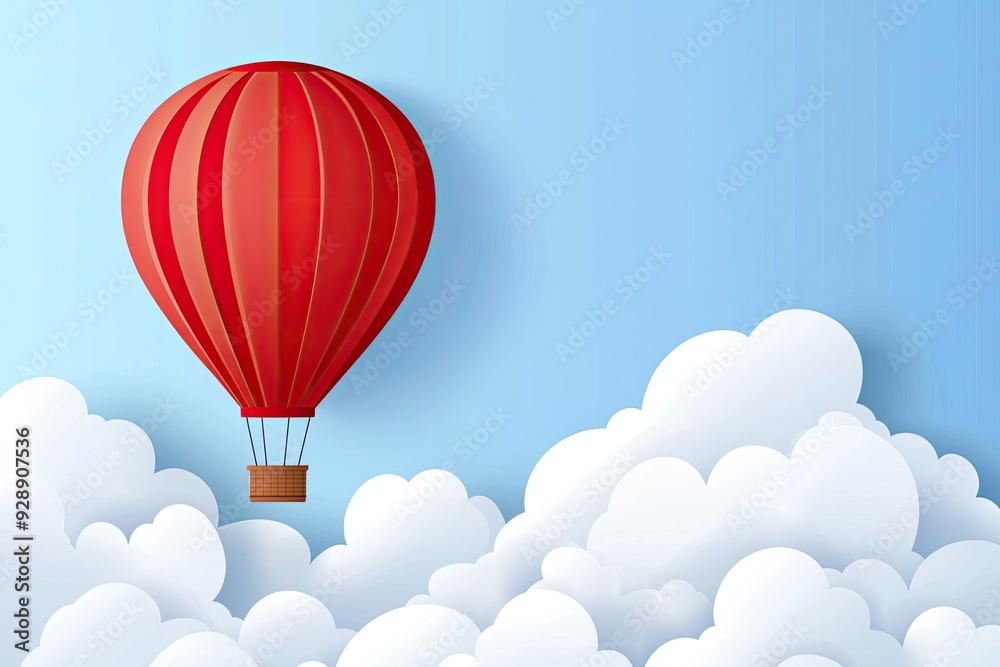 Fototapeta premium A vibrant red hot air balloon floating majestically in a clear blue sky amidst fluffy white clouds, evoking a sense of adventure and freedom.