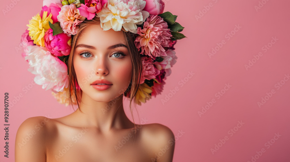 A spring floral portrait featuring a young, beautiful woman adorned with a wreath of colorful peonies and dahlias, set against a pink background.