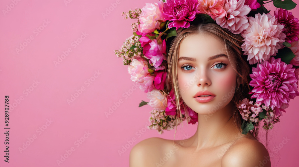 A spring floral portrait featuring a young, beautiful woman adorned with a wreath of colorful peonies and dahlias, set against a pink background. A spring floral portrait featuring a young, beautiful woman adorned with a wreath of colorful peonies and dahlias, set against a pink background.
