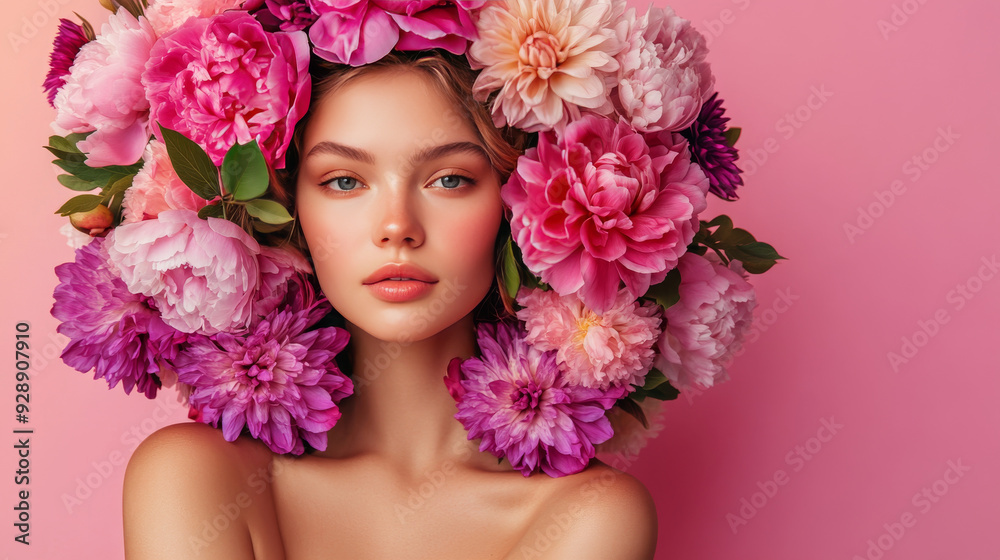 A spring floral portrait featuring a young, beautiful woman adorned with a wreath of colorful peonies and dahlias, set against a pink background. A spring floral portrait featuring a young, beautiful woman adorned with a wreath of colorful peonies and dahlias, set against a pink background.