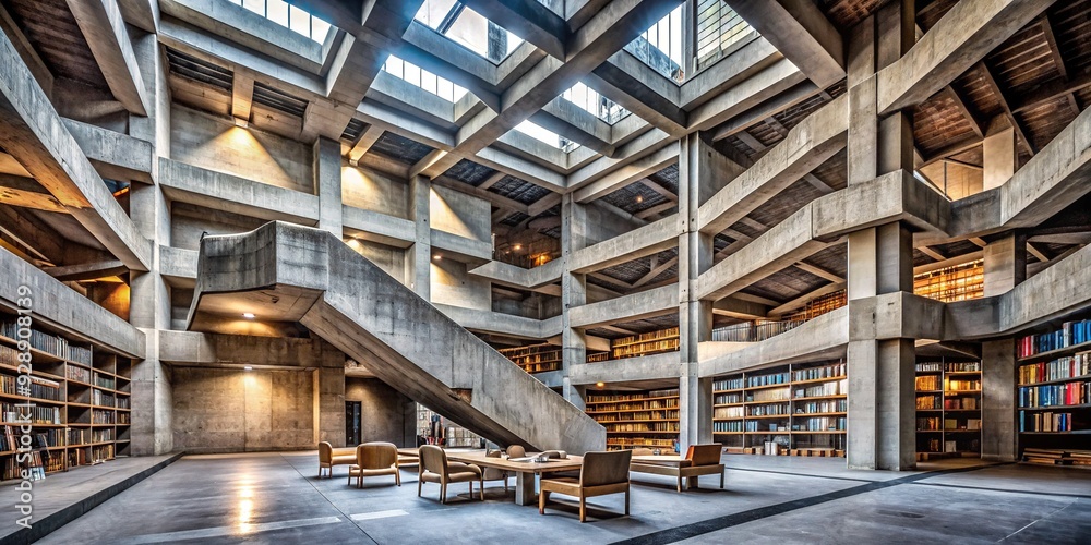 Brutalist Library: Raw concrete, exposed beams, geometric shapes, angular lines, imposing Brutalist Library: Raw concrete, exposed beams, geometric shapes, angular lines, imposing