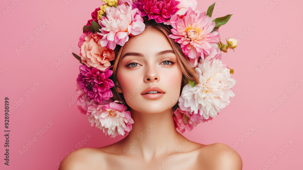 A spring floral portrait featuring a young, beautiful woman adorned with a wreath of colorful peonies and dahlias, set against a pink background. A spring floral portrait featuring a young, beautiful woman adorned with a wreath of colorful peonies and dahlias, set against a pink background.