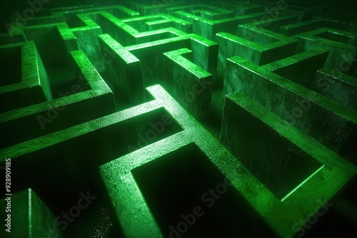 A vibrant green maze with intricate pathways creating a sense of mystery and adventure in a surreal environment.