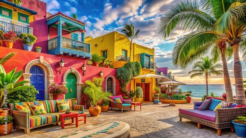 CoastalBohemianEscape: Vibrant resort with eclectic textures, vibrant colors, and bohemian flair.