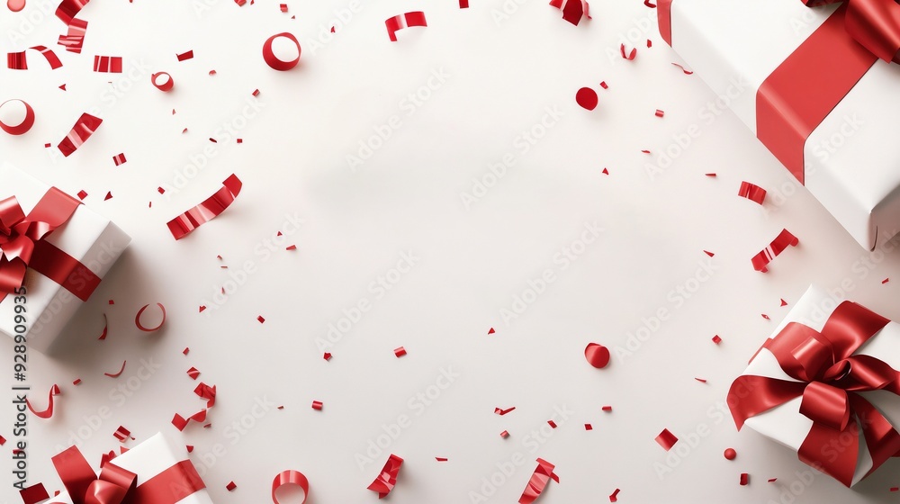 There is a white background adorned with red gifts and lively confetti on it There is a white background adorned with red gifts and lively confetti on it