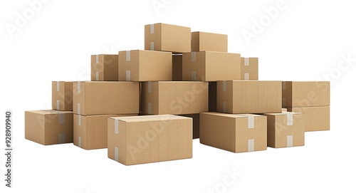 A stack of cardboard moving boxes on transparent, PNG or white background for warehouse mockup. Storage, relocation hose moving boxes, package shipping, logistic concepts.