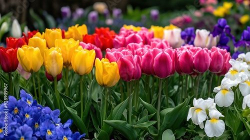 A vibrant display of colorful tulips blooming in a garden, showcasing red, yellow, pink, and white flowers amidst green foliage.