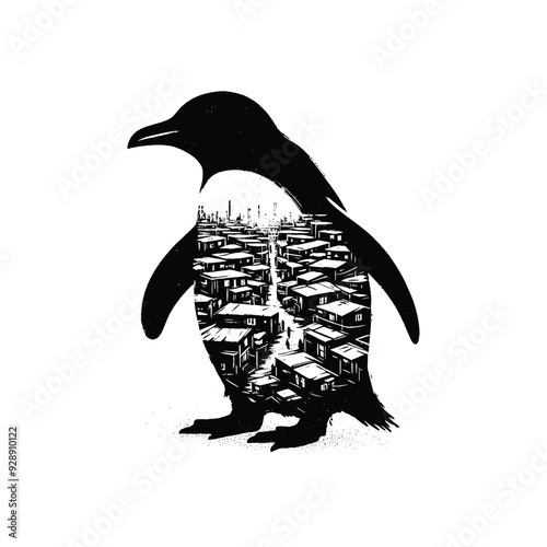 silhouette of Penguin filled with ghetto street in rough drawing