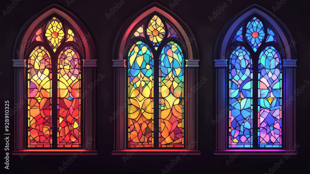 A set of four isolated, realistic stained glass mosaic windows depicting ancient-style colorful designs for a church, temple, or cathedral. Vector illustration. A set of four isolated, realistic stained glass mosaic windows depicting ancient-style colorful designs for a church, temple, or cathedral. Vector illustration.