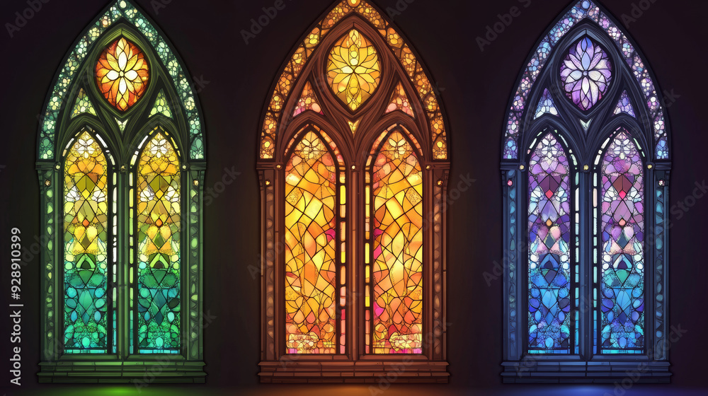 A set of four isolated, realistic stained glass mosaic windows depicting ancient-style colorful designs for a church, temple, or cathedral. Vector illustration. A set of four isolated, realistic stained glass mosaic windows depicting ancient-style colorful designs for a church, temple, or cathedral. Vector illustration.