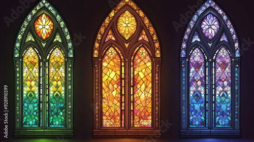 A set of four isolated, realistic stained glass mosaic windows depicting ancient-style colorful designs for a church, temple, or cathedral. Vector illustration.