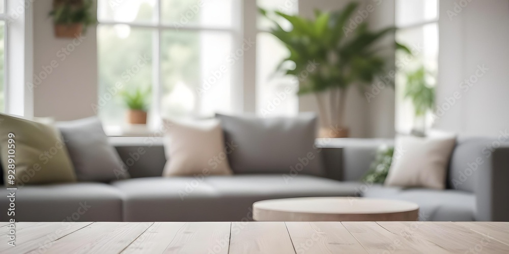 A wooden table is in the foreground with a blurred gray sofa and green plants in the background. A wooden table is in the foreground with a blurred gray sofa and green plants in the background.