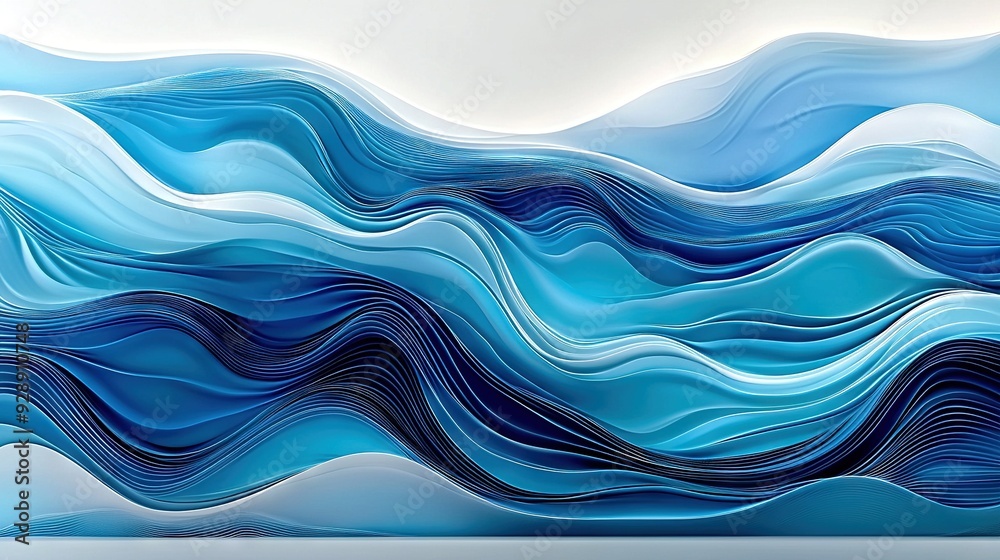 A white canvas adorned with flowing blue waves and a tranquil blue sky overhead A white canvas adorned with flowing blue waves and a tranquil blue sky overhead