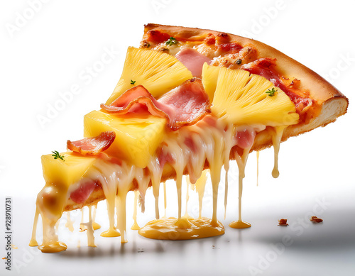 hawaiian pizza slice pineappe ham pieces melting cheese dripping advertisement isolated white background photo