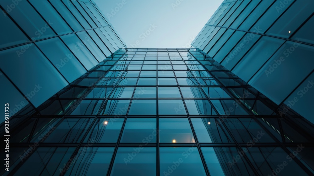 A modern skyscraper with a clear blue sky in the background, ideal for business or cityscape uses A modern skyscraper with a clear blue sky in the background, ideal for business or cityscape uses
