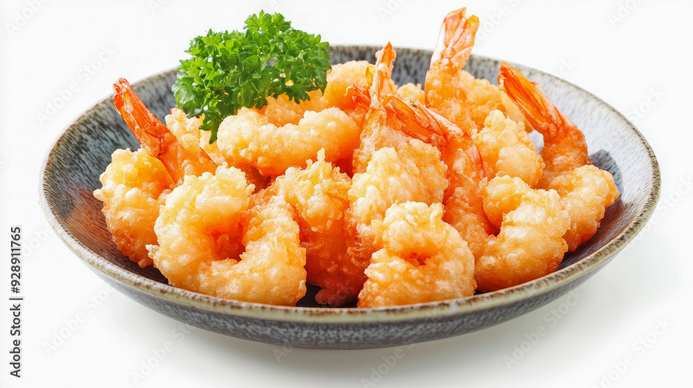 Bowl is filled with crispy golden fried breaded shrimps and garnished with fresh parsley Bowl is filled with crispy golden fried breaded shrimps and garnished with fresh parsley