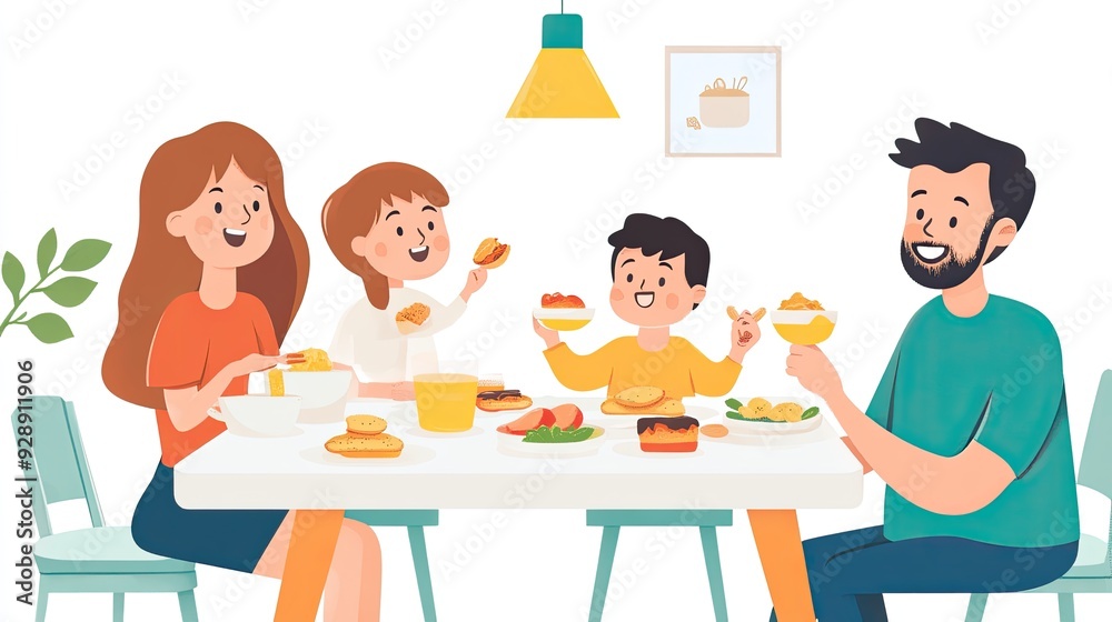 A happy family eating breakfast together on the table in the kitchen room A happy family eating breakfast together on the table in the kitchen room