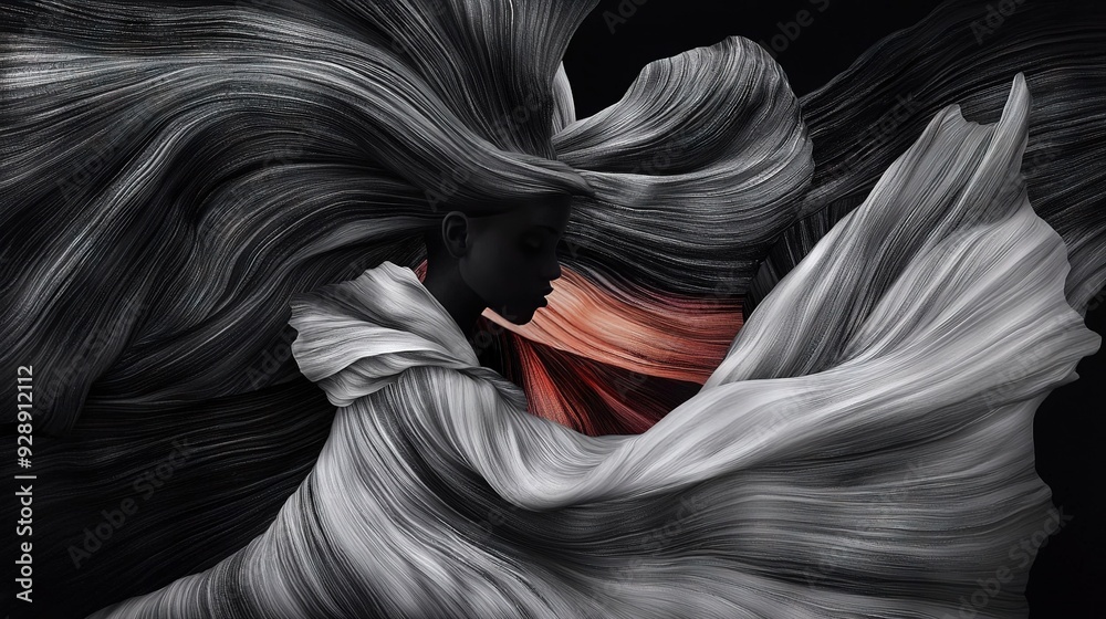 A monochrome picture of a lady with her hair whipping through the breeze and her face partially concealed by her locks A monochrome picture of a lady with her hair whipping through the breeze and her face partially concealed by her locks