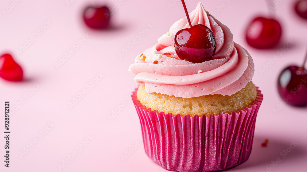 A delicious cherry cupcake set against a pink background. A delicious cherry cupcake set against a pink background.