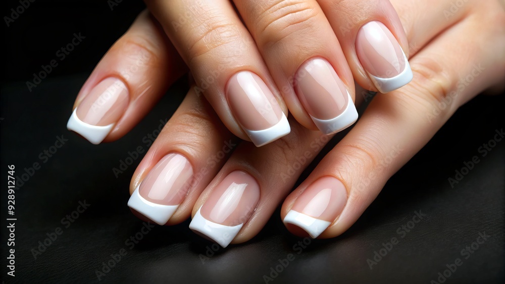Elegant close-up of a perfectly polished French manicure against a sleek black background, accentuating the vibrant white tips and refined nail shape. Elegant close-up of a perfectly polished French manicure against a sleek black background, accentuating the vibrant white tips and refined nail shape.