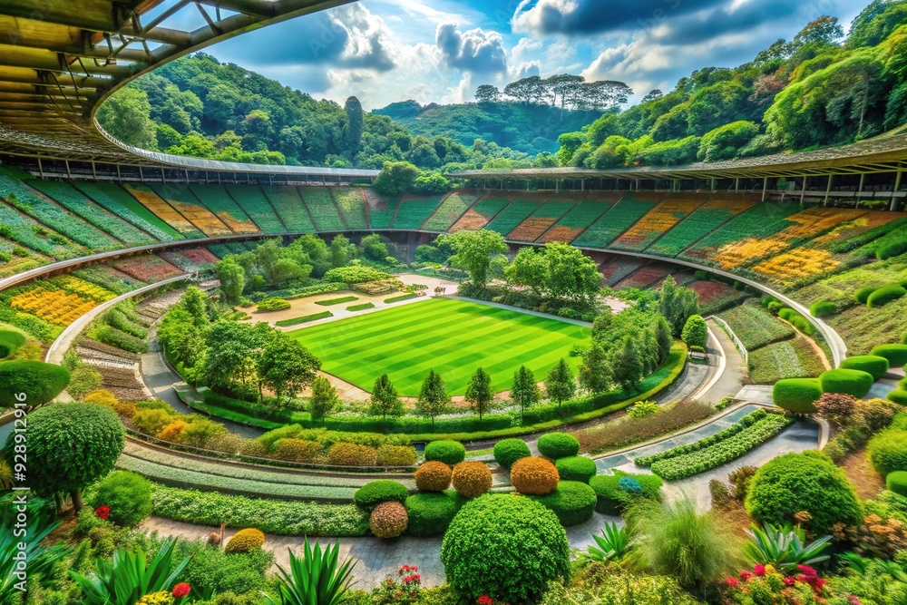 Emerald Gridiron Garden: Stadium surrounded by lush greenery, with earthy colors, organic shapes, and a serene aura Emerald Gridiron Garden: Stadium surrounded by lush greenery, with earthy colors, organic shapes, and a serene aura
