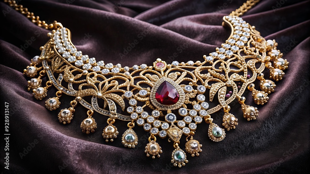 Fototapeta premium Elegant diamond necklace with intricate gold filigree and sparkling gemstones, beautifully arranged on a black velvet background, exuding luxury and sophistication.