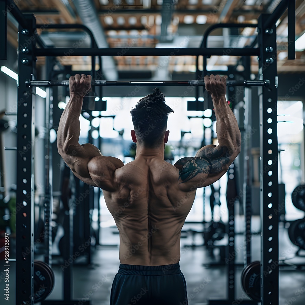 Muscular Bodybuilder Performing Overhead Press in Sleek Modern Gym Muscular Bodybuilder Performing Overhead Press in Sleek Modern Gym