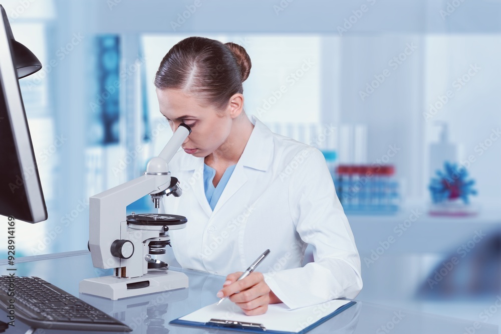 Medical Research Scientist Use Microscope To Analyze Sample. Medical Research Scientist Use Microscope To Analyze Sample.